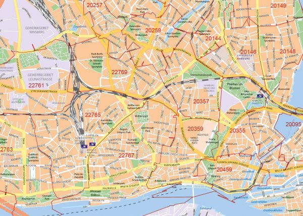 Detailansicht der Postleitzahlenkarte von Hamburg