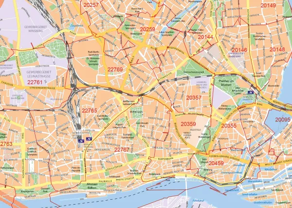 Detailansicht der Postleitzahlenkarte von Hamburg