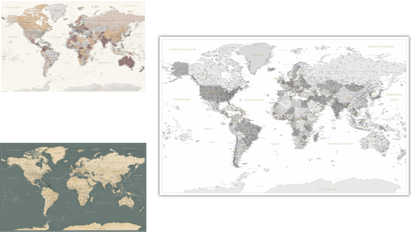 Dekorative Weltkarte in unterschiedlichen Formaten und Farben