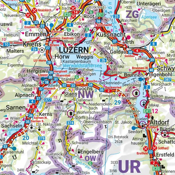 Detailansicht der Straßenkarte Schweiz