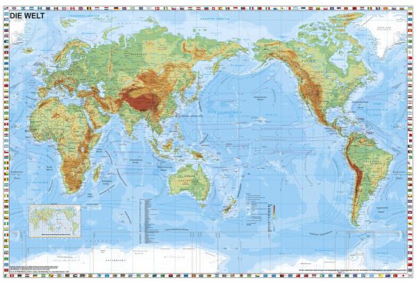 Physische Weltkarte / Pazifikzentriert