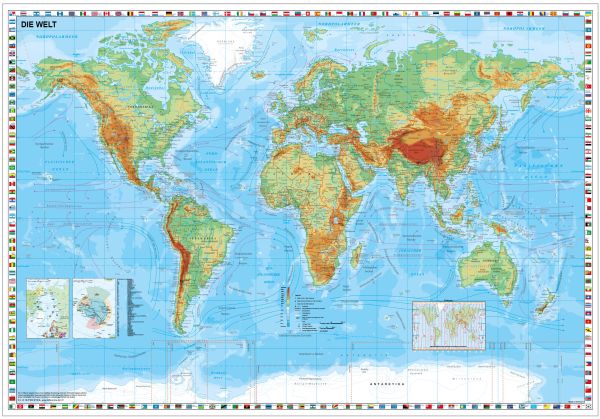 Physische Weltkarte mit Flaggenrand