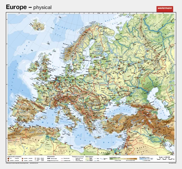 Die Schulwandkarte von Europa in englischer Sprache