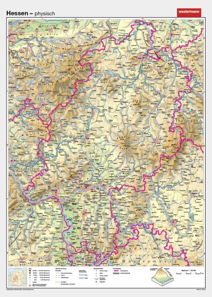 Schulwandkarte von Hessen physisches Kartenbild