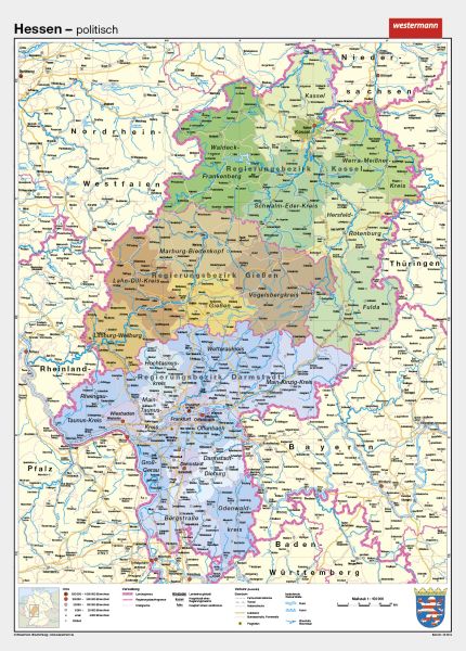 Schulwandkarte von Hessen politisches Kartenbild