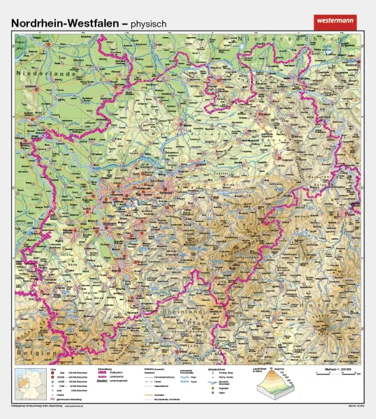 Nordrhein-Westfalen als physische Schulwandkarte