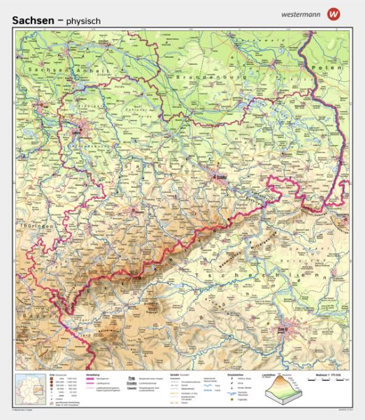 Sachsen als physische Schulwandkarte