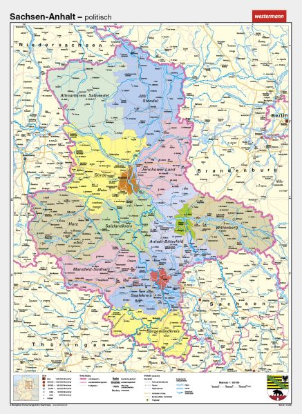 Sachsen-Anhalt als politische Schulwandkarte