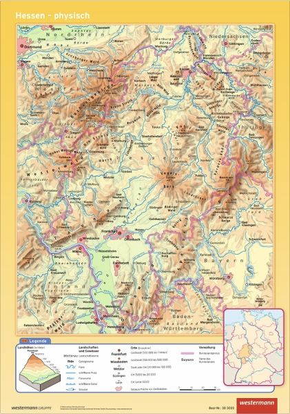 Schulwandkarte von Hessen mit einem phyischen Kartenbild
