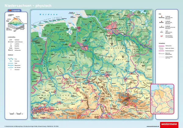 Physische Niedersachsen Karte