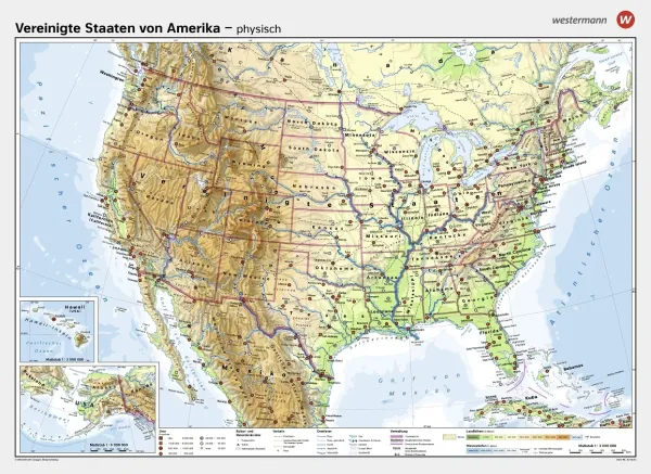 Physische Schulwandkarte der USA