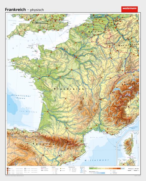 Physische Landkarte von Frankreich als Schulkarte