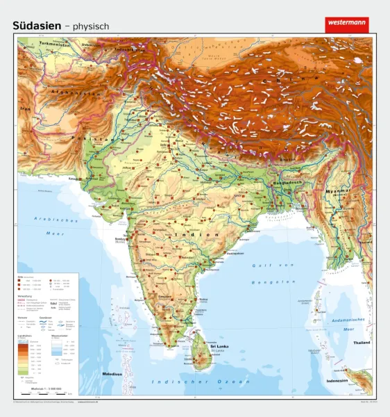 Physische Schulwandkarte von Südasien