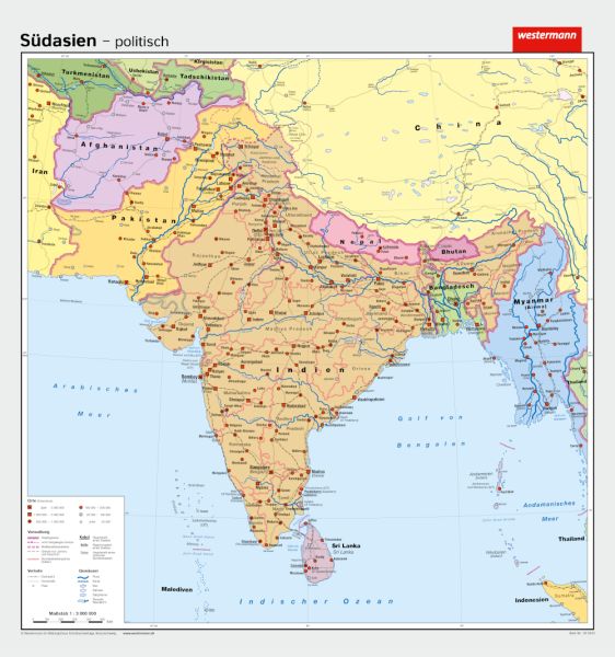 Politische Schulwandkarte von Südasien