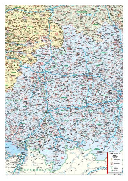 Die Postleitzahlenkarte Regierungsbezirk Schwaben 84x119cm in 4 Varianten 