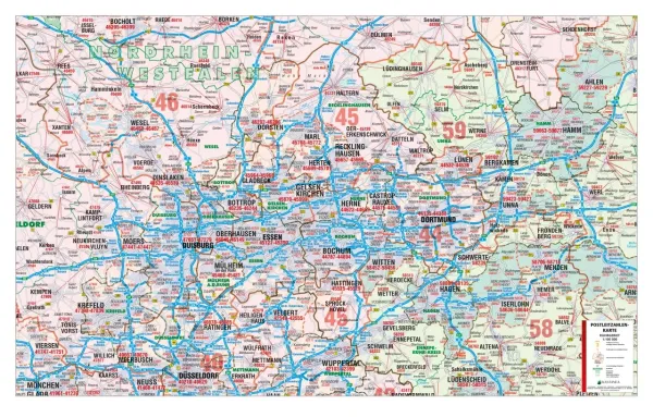 Die Postleitzahlenkarte Ruhrgebiet 127x81cm in 4 Varianten 