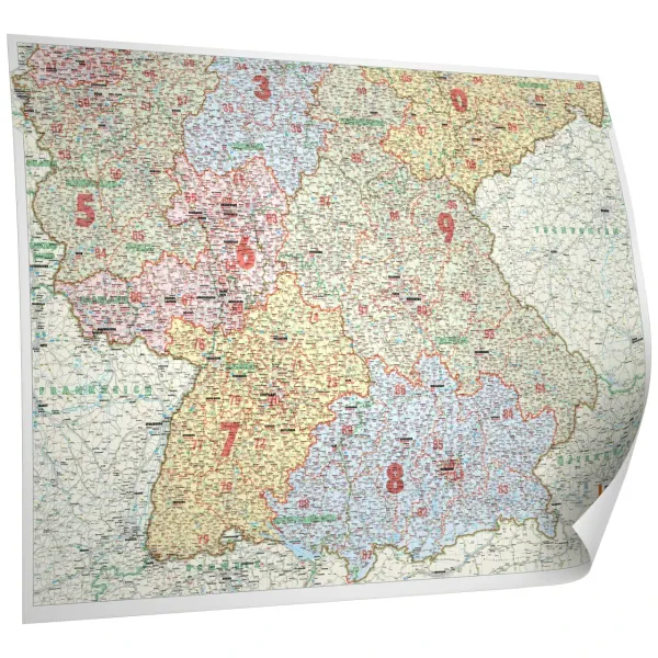 Die Postleitzahlenkarte Süddeutschland (131x98cm) bestellen.