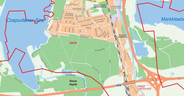 Weitere Detailansicht der Straßenkarte mit Postleitzahlen von Leipzig