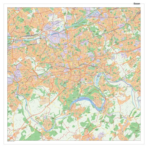 Die im Zentrum des Ruhrgebietes liegende Stadt Essen als Stadtplan.
